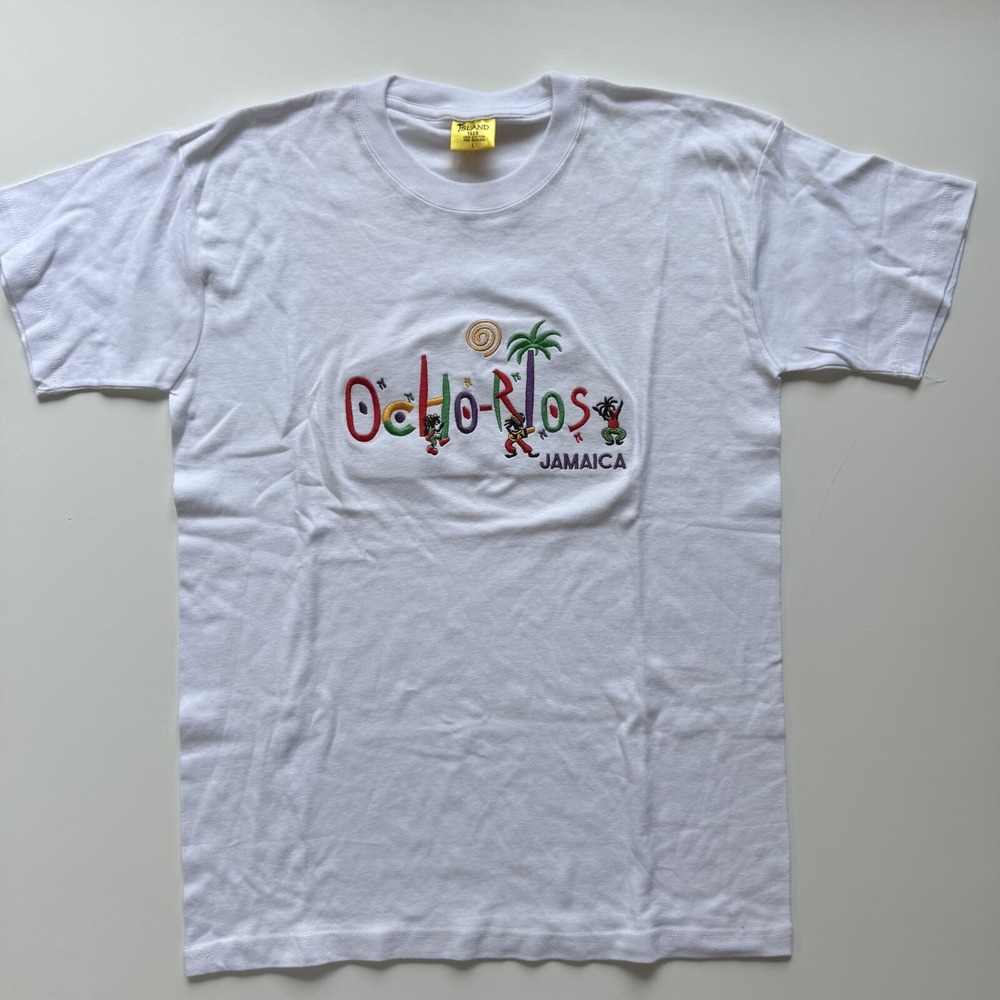 ISLAND TEES Ocho Rios Jamaica Large Tee Shirt Embroidered Rasta Reggae VTG White